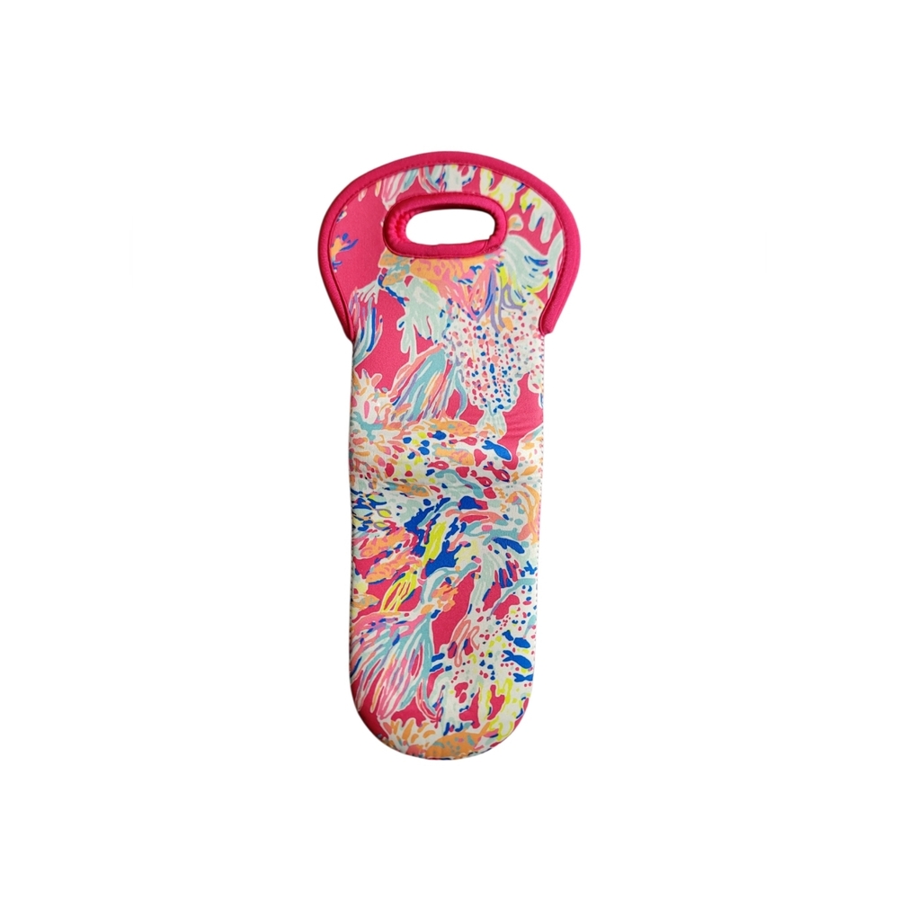 Lilly Pulitzer Wine Sleeve Bag Pink Green Party Tropical Neoprene Preppy